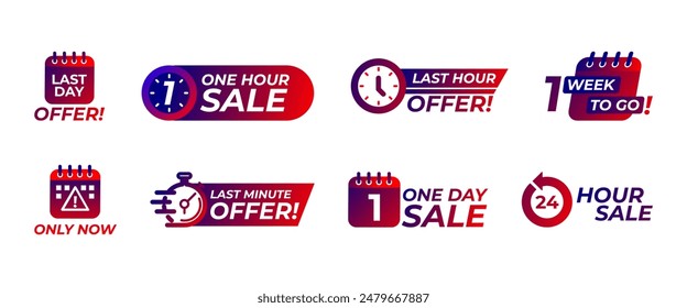 Vector set of isolated sale badges featuring countdown clocks and last-minute offers. Advertising banners, business promotions, and e-commerce campaigns. Limited-time discounts and best deals included