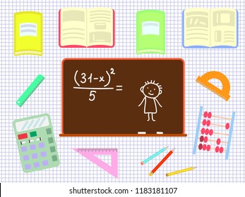 Vector set of isolated school subjects (notebooks, pencils, rulers, school Board) on background into a cage. Design objects for use in education