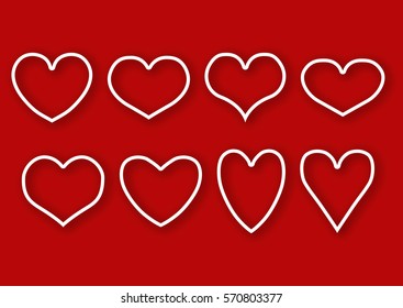 Vector set of isolated shaded white outlines of hearts of different shape on a red background. Eps 10.