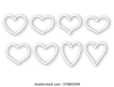 Vector set of isolated shaded white outlines of hearts of different shape on a white background. Eps 10.