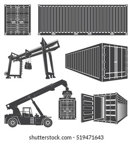 Vector set of isolated silhouette of a container loader, a gantry crane.
Transportation logistics shipping containers.