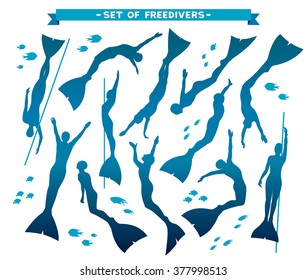 Vector set with isolated silhouette of freedivers in monofin.