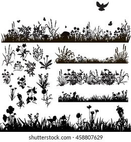 vector, set, isolated, silhouette grass and plants