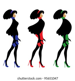 Vector set of isolated silhouettes of fashion women