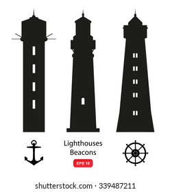 Vector set of isolated silhouettes with lighthouses, beacons and marine symbols.