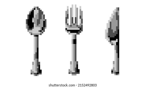 Vector set of isolated silver steel cutlery illustrations on a white background. Retro game bit art style
