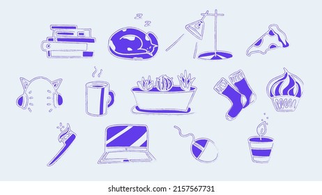 Vector set of isolated sketch cozy purple illustrations on a light background. Home doodle symbol collection