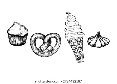 Vektorgrafik mit einzelnen Skizzenillustrationen von Brötchen und Gebäck. Handgezeichnete Cinnabon-Frühstücksbrötchen, Cupcakes, Kuchenscheiben und Gebäck. Realistische Gebäckillustrationen auf weißem Hintergrund.