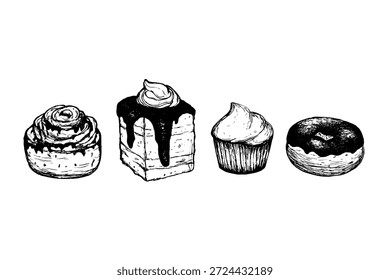 Vektorgrafik mit einzelnen Skizzenillustrationen von Brötchen und Gebäck. Handgezeichnete Cinnabon-Frühstücksbrötchen, Cupcakes, Kuchenscheiben und Gebäck. Realistische Gebäckillustrationen auf weißem Hintergrund.