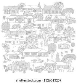 Vector set of isolated small town houses.Fantasy urban landscape, Fairy tale home buildings. Hand drawn doodle sketch. T-shirt print. Coloring book page for adults, children. Black and white print