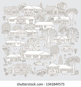 Vector set of isolated small town houses.Fantasy urban landscape, Fairy tale home buildings. Hand drawn doodle sketch. T-shirt print. Coloring book page for adults, children. Black and white print