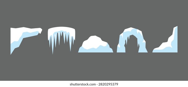 Vector set of isolated snowy elements and ice formations with formation seasonal isolated freezing template decorative landscape wintertime environment meteorology atmospheric crystalline