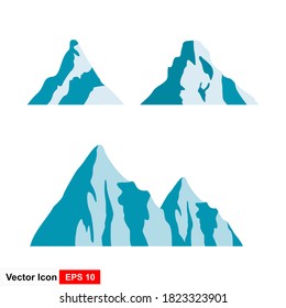 Vector set of isolated snowy mountains, mountain peak, hill top, iceberg, nature landscape. Camping landscape and hiking illustration. 