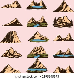 Vector set of isolated snowy mountains, mountain peak, hill top, iceberg, nature landscape. Camping landscape and hiking illustration. Outdoor travel, adventure, tourism, climbing design elements
