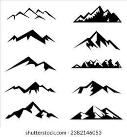 Vector set of isolated snowy mountains, mountain peak, hill top, iceberg, nature landscape. Camping landscape and hiking illustration. Outdoor travel, adventure, tourism, climbing.