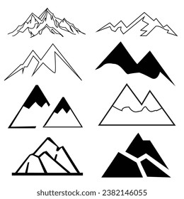 Vector set of isolated snowy mountains, mountain peak, hill top, iceberg, nature landscape. Camping landscape and hiking illustration. Outdoor travel, adventure, tourism, climbing.