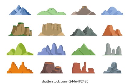 Vector set of isolated snowy mountains, mountain peak, hill top, iceberg, nature landscape. Camping landscape and hiking illustration. Outdoor travel, adventure, tourism, climbing design elements