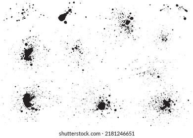 Vector set of isolated splatter paint. Black ink blobs.