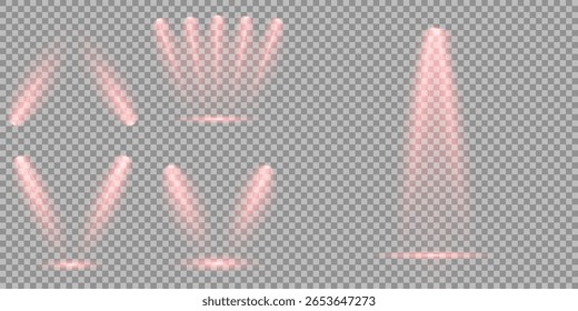 Conjunto vetorial de holofote isolado e iluminação de estúdio para seus designs em tons de vermelho. Raio de luz de estágio vermelho brilhante isolado em fundo transparente vazio. Ilustração iluminada do efeito de destaque.