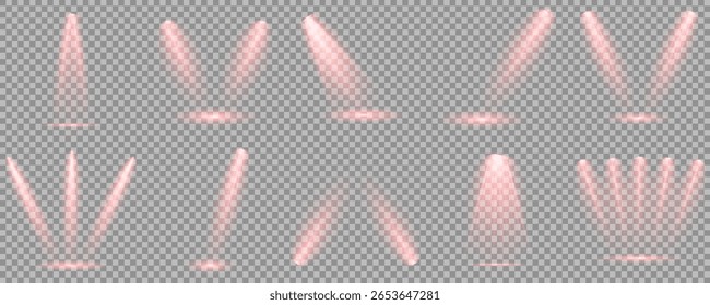 Conjunto vetorial de holofote isolado e iluminação de estúdio para seus designs em tons de vermelho. Raio de luz de estágio vermelho brilhante isolado em fundo transparente vazio. Ilustração iluminada do efeito de destaque.
