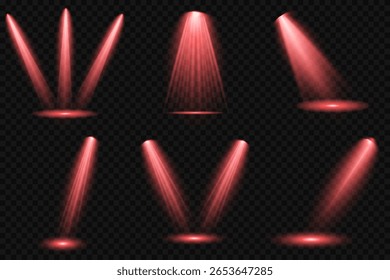 Conjunto vetorial de holofote isolado e iluminação de estúdio para seus designs em tons de vermelho. Raio de luz de estágio vermelho brilhante isolado em fundo transparente vazio. Ilustração iluminada do efeito de destaque.