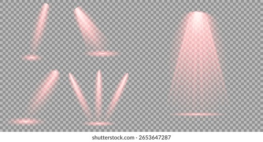 Conjunto vetorial de holofote isolado e iluminação de estúdio para seus designs em tons de vermelho. Raio de luz de estágio vermelho brilhante isolado em fundo transparente vazio. Ilustração iluminada do efeito de destaque.