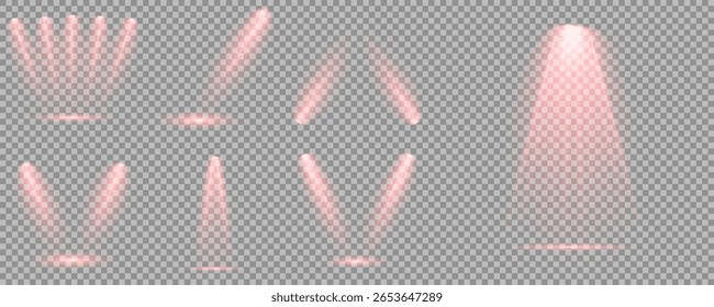 Conjunto vetorial de holofote isolado e iluminação de estúdio para seus designs em tons de vermelho. Raio de luz de estágio vermelho brilhante isolado em fundo transparente vazio. Ilustração iluminada do efeito de destaque.