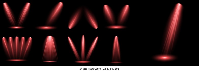 Conjunto vetorial de holofote isolado e iluminação de estúdio para seus designs em tons de vermelho. Raio de luz de estágio vermelho brilhante isolado em fundo transparente vazio. Ilustração iluminada do efeito de destaque.