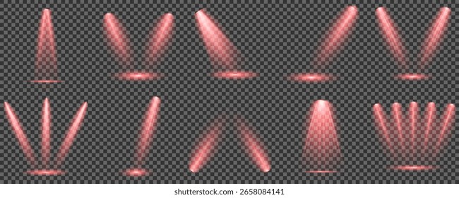 Conjunto vetorial de holofote isolado e iluminação de estúdio para seus designs em tons de vermelho. Raio de luz de estágio vermelho brilhante isolado em fundo transparente vazio. Ilustração iluminada do efeito de destaque.