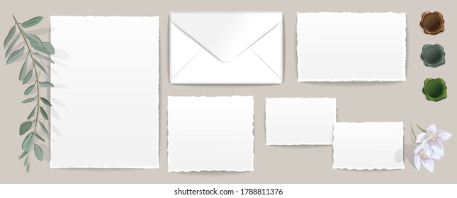 Vector set of isolated stationery items for branding mock-up and colored wax seal. All templates with transparent shadows