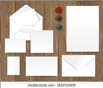 Vector set of isolated stationery items for branding mock-up and colored wax seal. All templates with transparent shadows