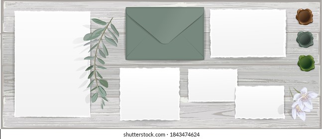 Vector set of isolated stationery items for branding mock-up and colored wax seal. All templates with transparent shadows