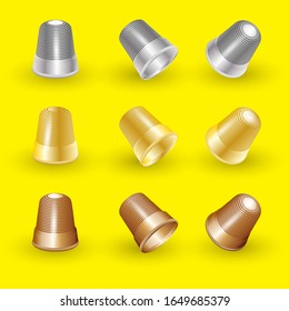 Vector set of isolated steel, gold, bronze thimbles on a yellow background