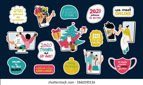 Vector set of isolated stickers of characters family friends celebrating Christmas remotely and funny motivational quotes about online parties of covid reality. Handwritten viral lettering of new now