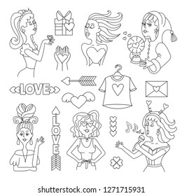 Vector set with isolated stickers on the theme of love. Symbols of Valentine's Day on white background