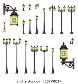 Vector set of isolated Street lanterns in Vintage style with different types of stands and openwork convoluted details
