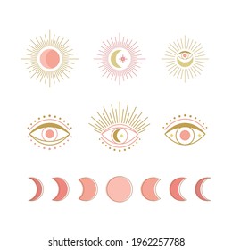 Vector set of isolated sun moon and eyes. Hand draw astrology female magic symbol.