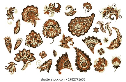 Vector set of isolated traditional Indian Paisley and Flowers