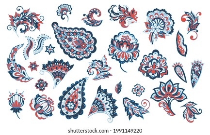 Vector set of isolated traditional Indian Paisley and Flowers