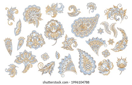 Vector set of isolated traditional Indian Paisley and Flowers