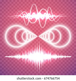 Vector set of isolated transparent sound or radio waves design elements. Sonic resonance, frequency, radar, equalizer, acoustics, music track themed illustrations, abstract icons or symbols.