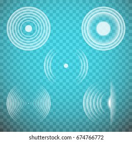 Vector set of isolated transparent sound waves design elements. Sonic resonance, radio frequency, energy radiation, vibration, sound emitting themed illustrations, abstract icons or symbols.