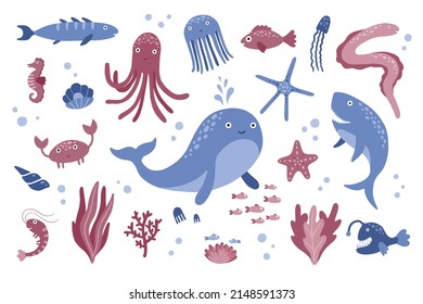 Vector set of isolated underwater animals and plants. Hand drawn design. Cute children illustration.