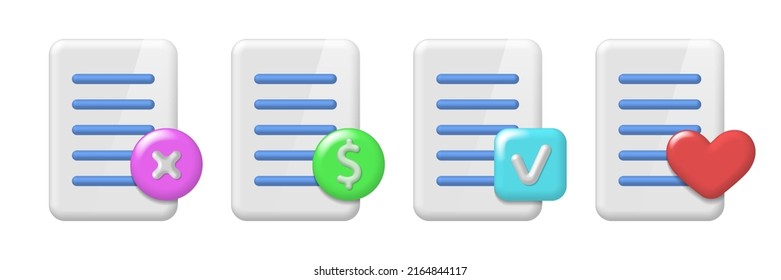 Conjunto vectorial de iconos volumétricos aislados con sombras y resaltados. Hoja o documento de papel estilístico con símbolos de color diferentes. Círculos, corazón, cuadrado, dólar y marca de verificación