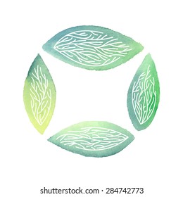 Vector set of isolated watercolor leaves with hand drawn veins, can be used as natural frame and background. 