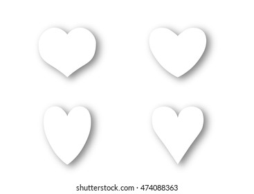 Vector set of isolated white hearts with shadow of different shape on a white background. Eps 10. Option 2.