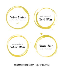 Vector Set Of Isolated White Wine Stain Circles. Wine Stain Logo Design. Wine Bottom Glass Ring Stains For Badge Design. Hand Drawn Glass Marks Of Wine Stain On White Background