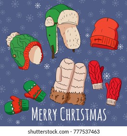 Vector set of isolated winter accessories. Color sketch.