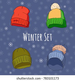 Vector set of isolated winter accessories. Color sketch.