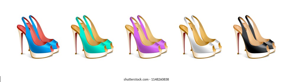 vector set of isolated women's high-heeled shoes in different colors